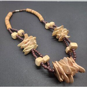 Vtg Unique Tribal Bohemian Wood & Coconut Carved Disc Beaded Necklace